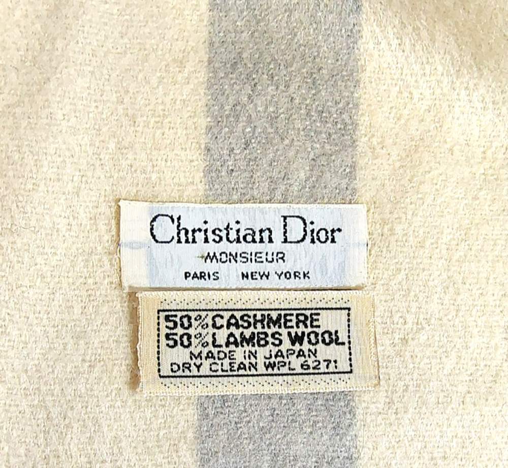 Christian Dior Cashmere and Lambswool Scarf Cream and Gray 51in Long